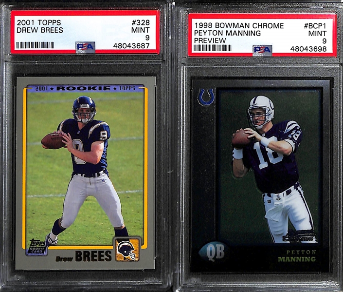 Lot of (6) Modern Football PSA Graded Hall of Fame and Superstar Rookies inc. 2001 Topps Drew Brees (PSA 9), 1998 Bowman Chrome Preview Peyton Manning (PSA 9), 1999 Bowman's Best Kurt Warner (PSA...